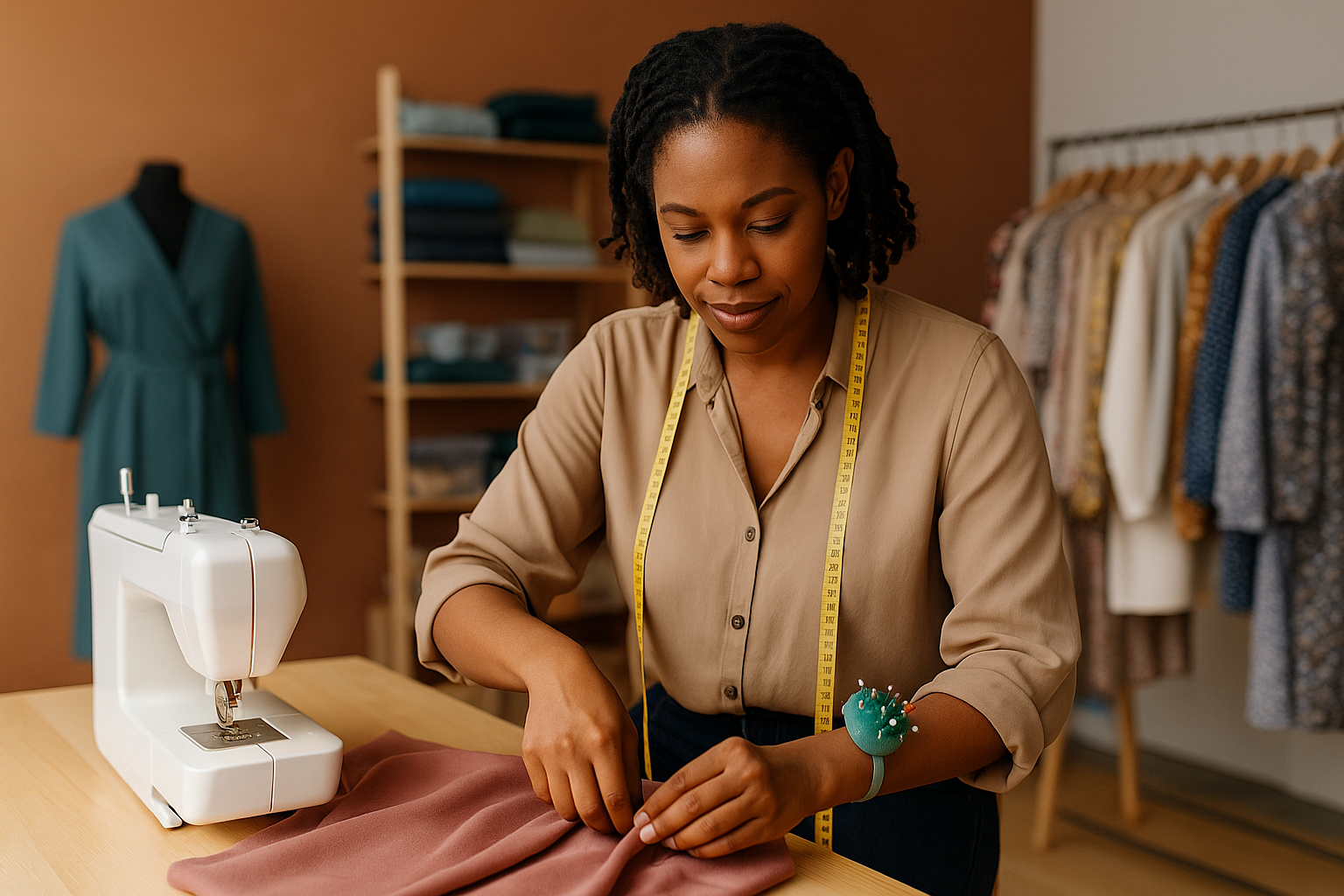 Tailor performing dress alterations in a studio