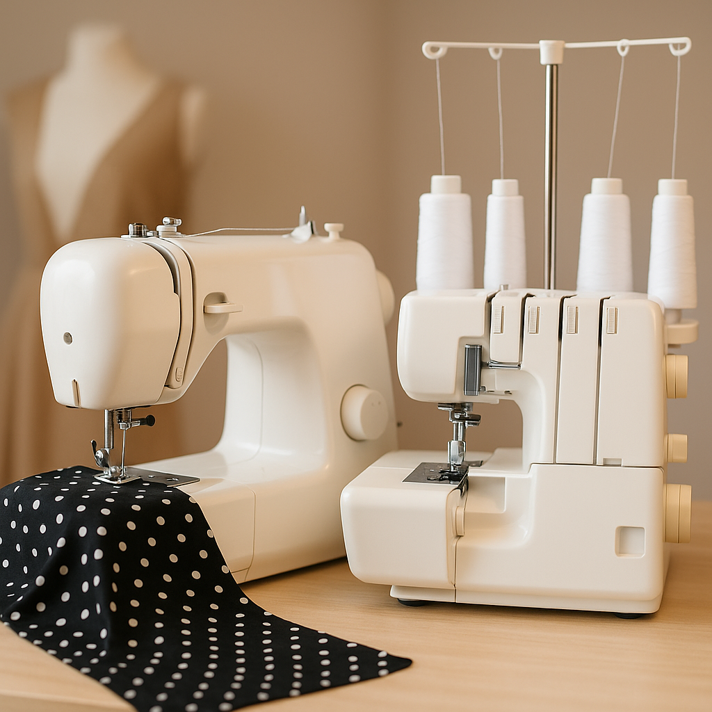 Sewing machine and overlock machine on a worktable