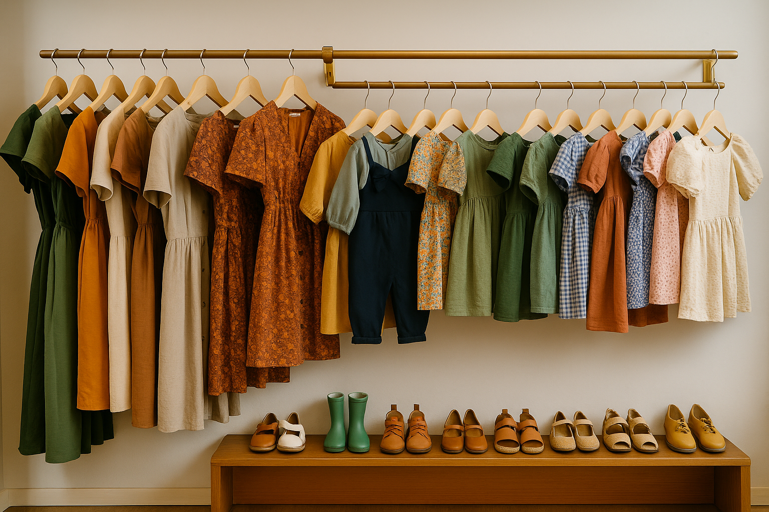 Adults and children dresses neatly arranged on hangers