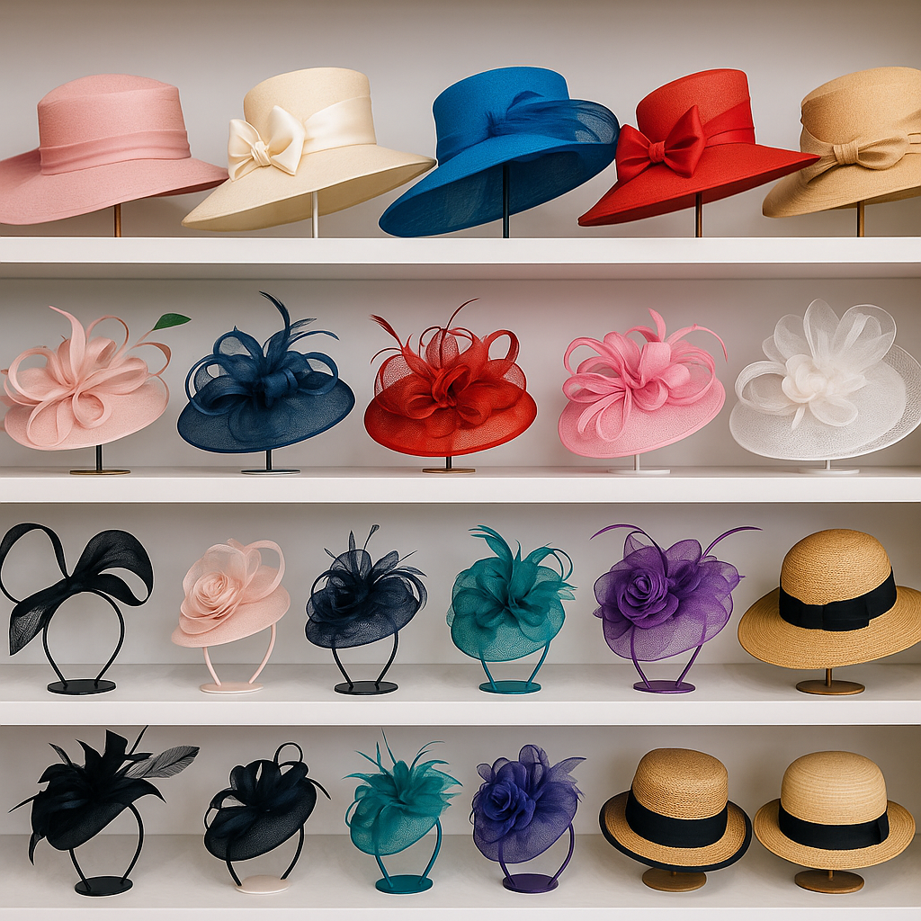 Boutique shelves with elegant hats, fascinators and headbands